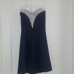 Navy blue strapless evening gown